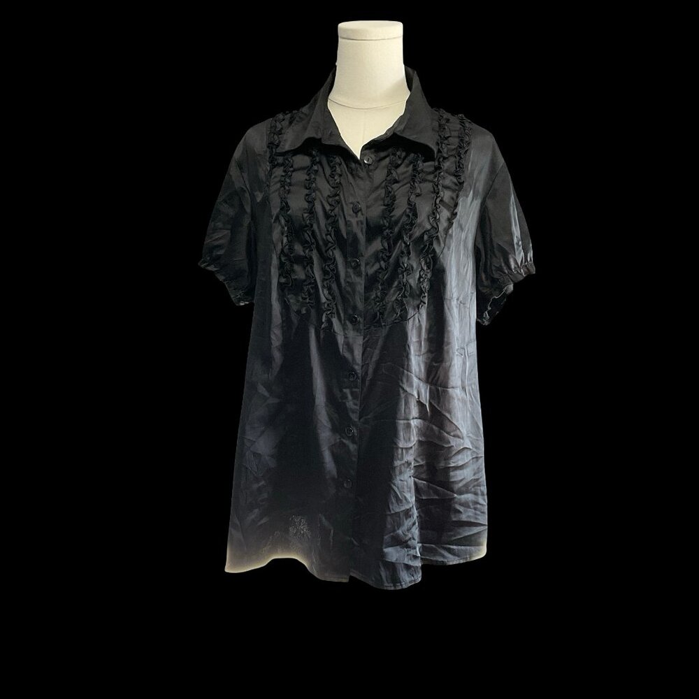 Black Collared Blouse w/ Ruffle Neckline Details